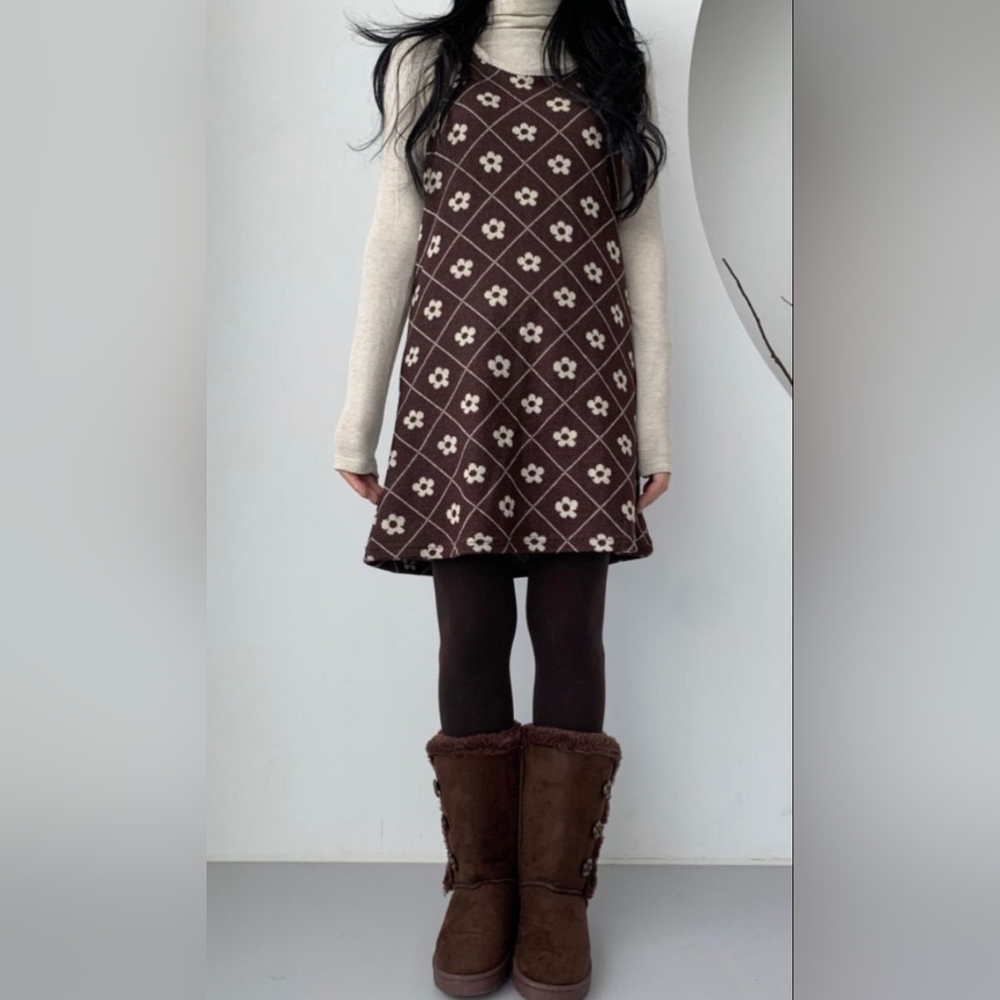 Brown And Cream Flower Patterned Halter Neck Mini Midi Dress Hackney Seoul